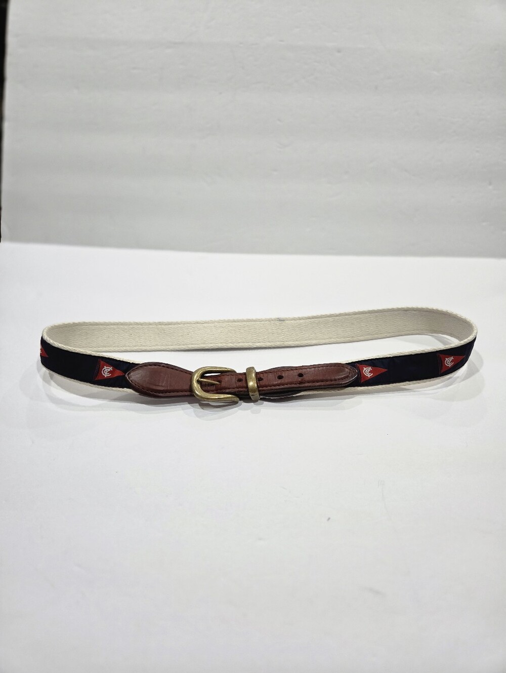 YRI Classic Navy and Cream Ribbon Belt with Brown Leather Trim Sz.36/90